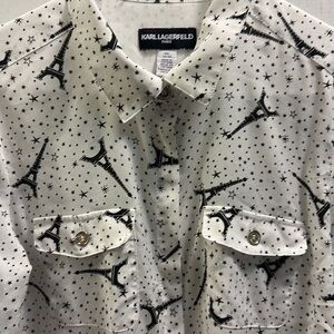 Karl Lagerfeld Paris Whimsy Eifel Tower rollup sleeves button down blouse.Size M